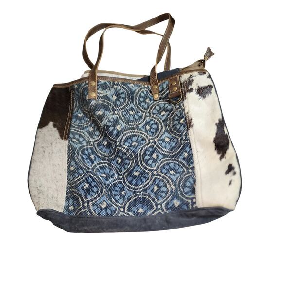 MYRA COWHIDE LEATHER  & CANVAS PAISLEY PATTERN TOTE BAG - Picture 1 of 7